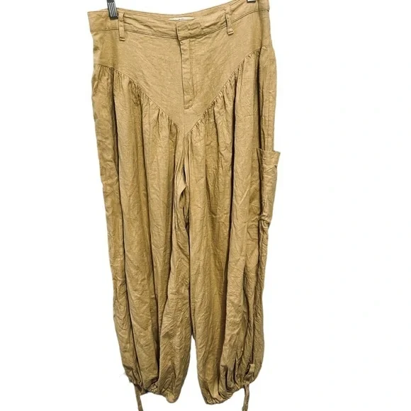 ✌️Fe Noel Pleated Boho Linen Blend Balloon Lantern Pants Tan women’s 4 lagenlook